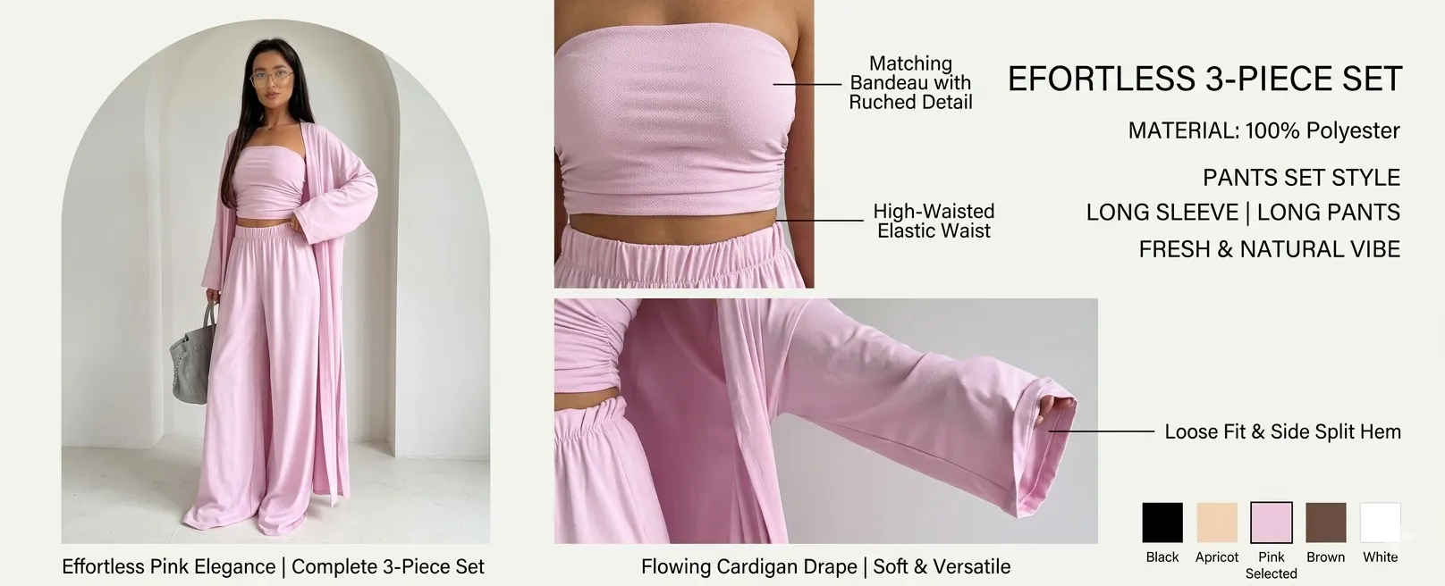 Effortless 3-Piece Cardigan & Wide Leg Pant Set with Matching Bandeau