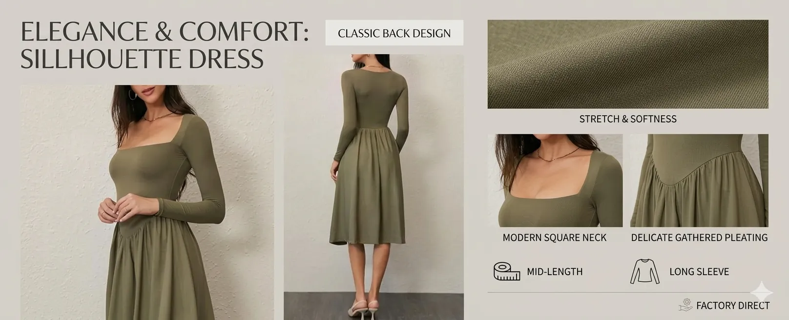 Long Sleeve Square Neck Solid Pleated Dress