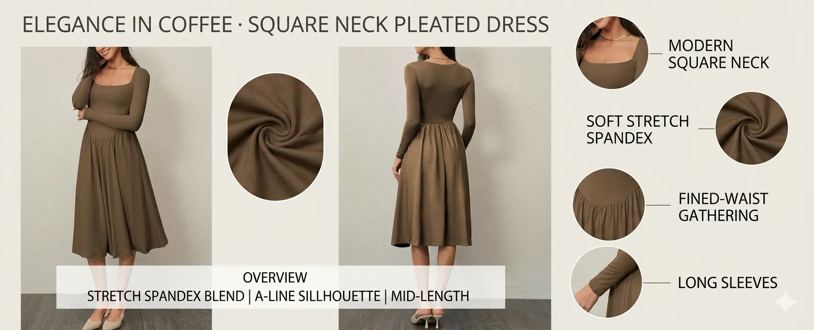 Long Sleeve Square Neck Solid Pleated Dress