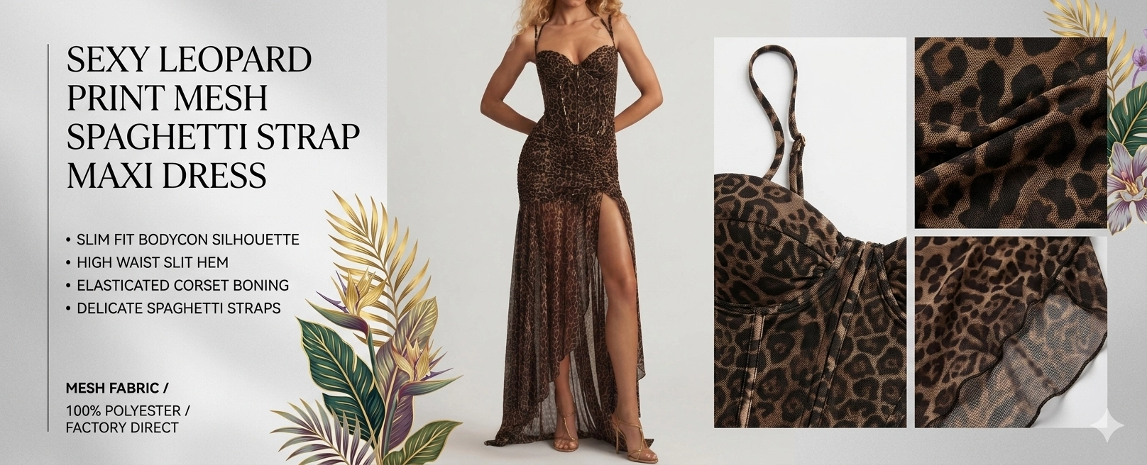 Sexy Floral Print Mesh Spaghetti Strap Midi Dress - Slim Fit Slit Hem Bodycon Dress