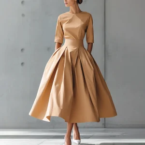 Famnbro Women's 1950s Vintage A-Line Midi Dress with 3/4 Sleeves and Pockets