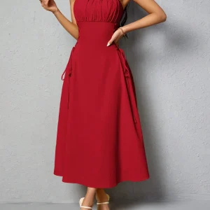 Minimalist Sleeveless Slip Dress with Adjustable Waist Tie - red