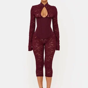 Sexy Hollow-Out Lace Cheongsam Jumpsuit - Slim Fit Bodycon Romper with Waist Cincher - winered