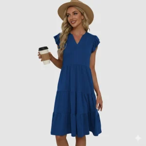 Women's Boho V Neck Midi Dress: Ruffle Sleeve Tiered Flowy Summer Sundress - blue