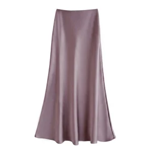 French Style Elegant Satin Midi Skirt - High Waist Draped Silk-like Skirt - purple