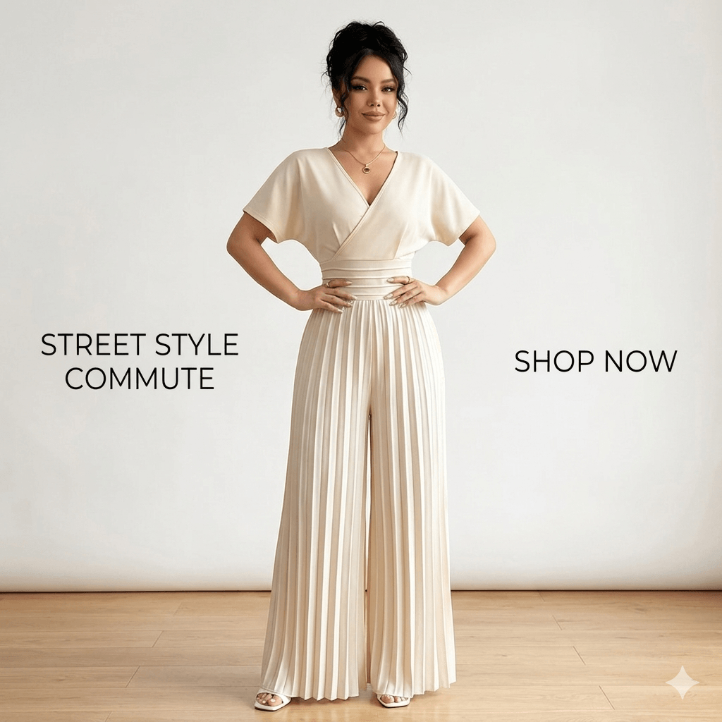 Elegant V-Neck Pleated Wide-Leg Jumpsuit for Women