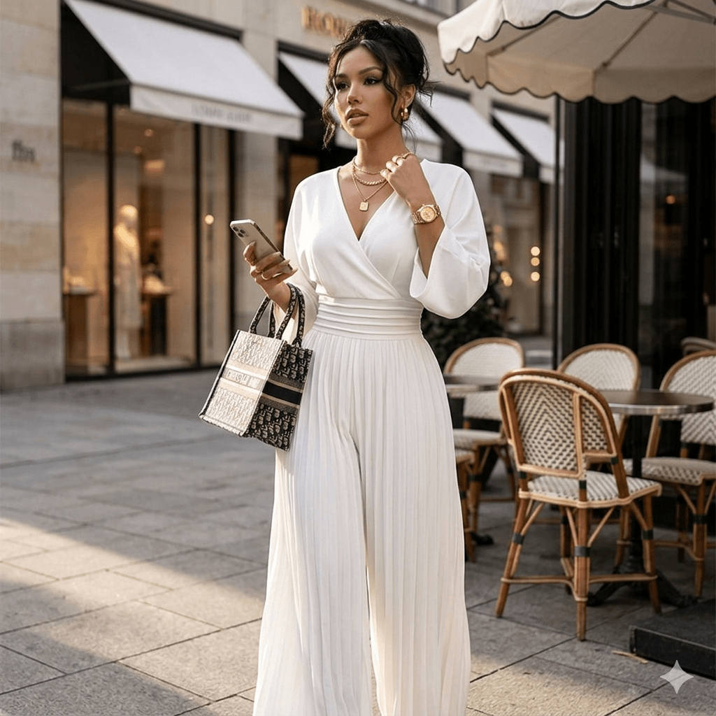 Elegant V-Neck Pleated Wide-Leg Jumpsuit for Women