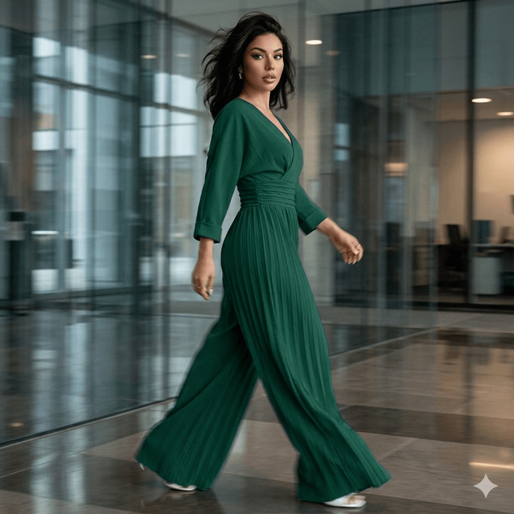 Elegant V-Neck Pleated Wide-Leg Jumpsuit for Women