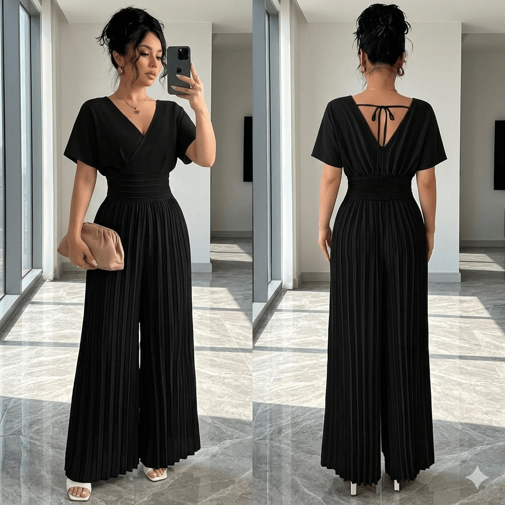 Elegant V-Neck Pleated Wide-Leg Jumpsuit for Women
