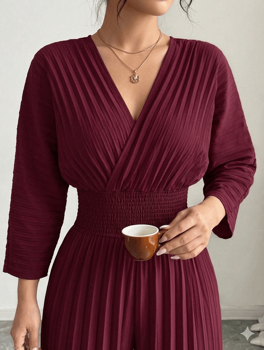 Elegant V-Neck Pleated Wide-Leg Jumpsuit for Women