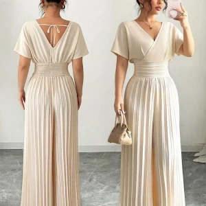 Elegant V-Neck Pleated Wide-Leg Jumpsuit for Women-sku-apricot